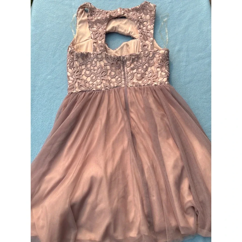 Coquette Juniors Sequin Hearts Lace‎ Tulle Fit & Flare Dress 5 Mauve Pink